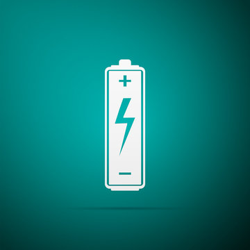 Battery icon isolated on blue background. Flat design. Vector Illustration