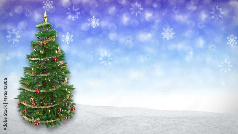 Wall mural rotating christmas tree on blue winter background. 3d render.seamless loop