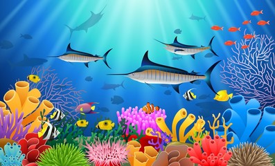 Blue Marlin Fish Swimming Under Water Cartoon Animal Character. Vector Illustration.