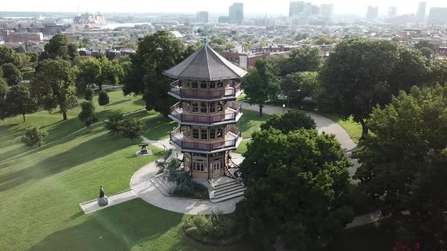 Patterson Park Pagoda Aerial Shot in Baltimore  With City 