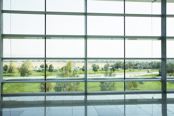 Plakat empty hall of modern business center. interior background airport. The airport building interior