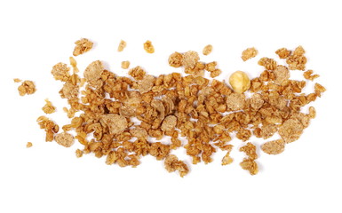 Crunchy granola, muesli pile with nuts isolated on white background, top view