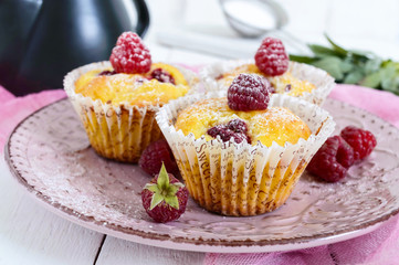 Delicious curd muffins with fresh raspberries, decorated with powdered sugar on a ceramic plate.