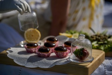 Tartlets with chocolate icing.