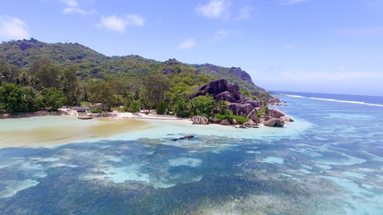 Fototapeta premium Anse Source D'Argent in La Digue Island - Seychelles aerial view