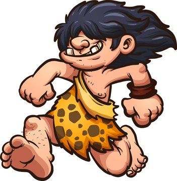 Running cartoon caveman with long hair. Vector clip art illustration with simple gradients. All in a single layer. 