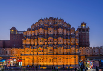 Fototapeta na wymiar Hawa Mahal, Palace of Winds, Jaipur, India, in the beautiful light of dusk, also known as the blue hour