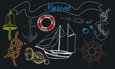 Marine elements isolated on black background. Ship captain accessories hand drawn sketch. 