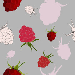 Tasty raspberries seamless pattern. Hand drawn berry sketches and silhouettes background.