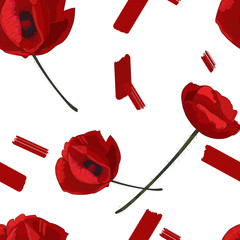Red poppy flowers and paint smears seamless pattern. Poppy floral seamless background.