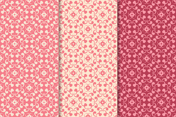 Set of floral ornaments. Cherry pink vertical seamless patterns