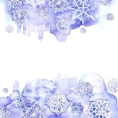 watercolor background of lilac with white snowflakes for new year and christmas for decoration and design on white background