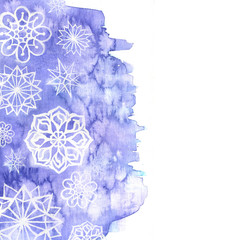 watercolor background of lilac with white snowflakes for new year and christmas for decoration and design on white background