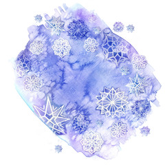 watercolor painting of watercolor blurred colors of lilac flowers in the form of ice with snowflakes for the new year and Christmas with the inscription "Happy New Year", for decor and design of postc