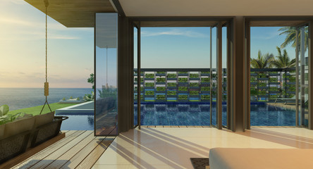 Obraz na płótnie Canvas Sea view swimming pool in modern loft design,Luxury ocean Beach house