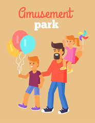 Amusement Park Father with Children Isolated