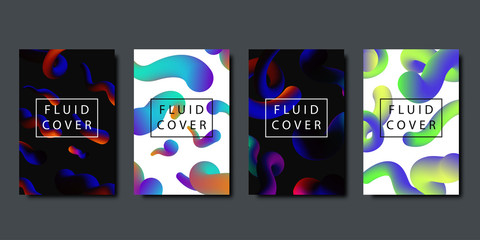 Vector set of realistic isolated brochures with geometric gradient fluid liquid shapes for decoration and covering on the dark background.