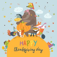 Cute animals celebrating Thanksgiving day