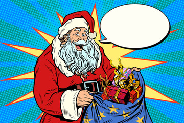 Joyful Santa Claus with bag of Christmas gifts