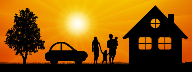 Family, surrounded by nature near a house, car, tree. Man and woman with children at sunset vector silhouette