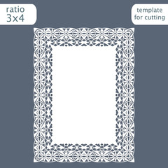 Laser cut wedding invitation card template with openwork border.  Cut out the paper card with lace pattern.  Greeting card template for cutting plotter. Vector.