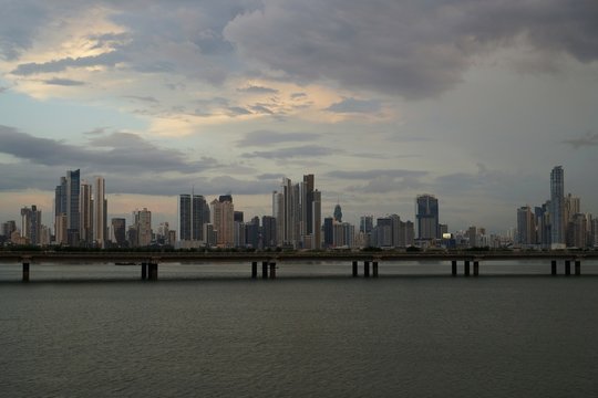 Twilight view of Panama City skyline from Old City with Cinta Costera