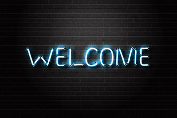 Vector realistic isolated neon lettering sign Welcome for decoration and covering on the wall background. Concept of night club and dj.