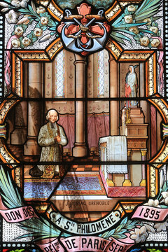 The Curé of Ars. Jean-Baptiste-Marie Vianney. Notre-Dame de la Salette. / St. John Vianney. Stained glass window. Shrine of Our Lady of la Salette.