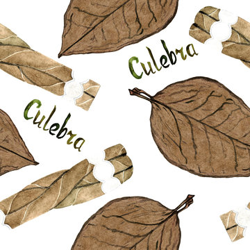 Culebra cigar shape and tobacco leaf, hand painted watercolor illustration with handwritten inscription, seamless pattern design