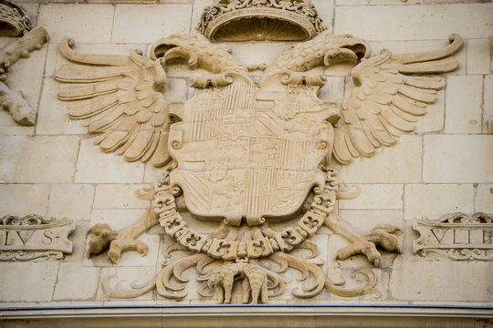 Details of stone sculptures of the facade of the University of Alcal&aacute; de Henares. Madrid, Spain.