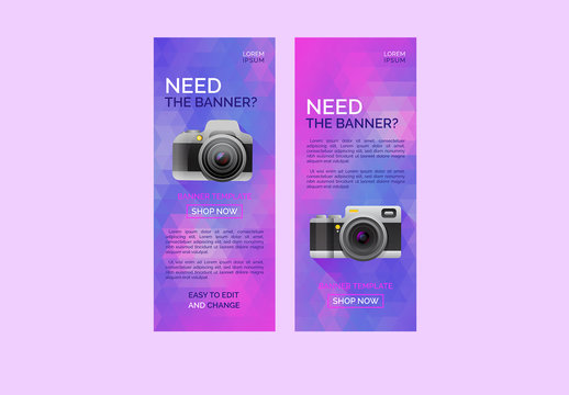 Web Banner Set with Camera and Abstract Triangle Shapes 
