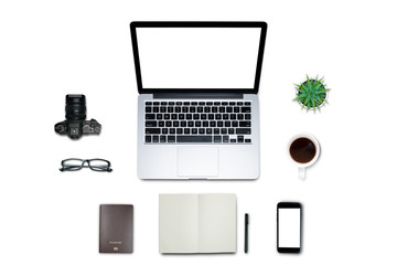 Top view, Flat lay style, Travel set, Working desk, computer, laptop, smart phone, coffee, mug, glasses, notebook and a lot of things on pastel color background with clipping path.