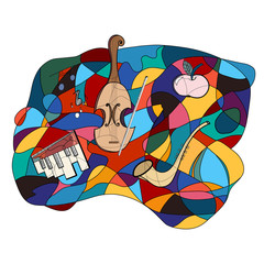Colorful abstract illustration with musical elements. Hand drawn doodles and musical instruments.