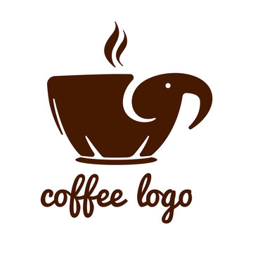 Vector logo of cup mug shaped elephant silhouette for coffee tea cafe.