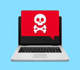 Computer laptop virus fraud or spam notification. Internet online virus alert icon - obrazy, fototapety, plakaty