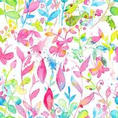 Happy and bright floral seamless pattern with hand drawn watercolor flowers and leaves