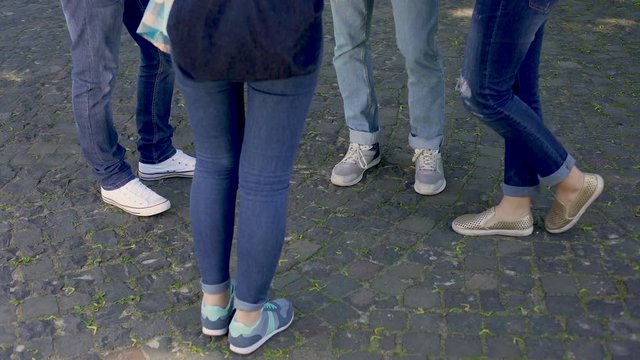 Group of male and female teenagers wearing jeans and sport shoes communicating