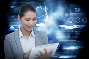 Composite image of close up of a laughing customer service agent