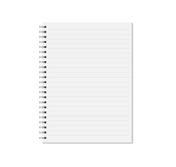 Notebook mock up isolated on white background. Lined pages, copybook with metal spiral template. Realistic closed notebook vector illustration.