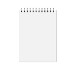 Notepad mock up isolated on white background. Blank pages, copybook with metal spiral template. Realistic closed notebook vector illustration. - obrazy, fototapety, plakaty