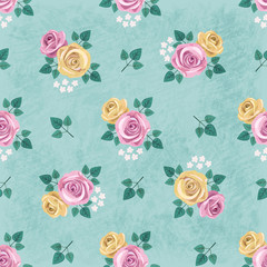 Seamless vintage romantic pattern with yellow and pink roses and white flowers on green shabby background. Retro wallpaper style. Shabby chic design. Perfect for scrapbooking