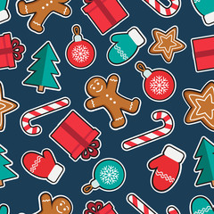 Seamless pattern of Christmas and New Year symbols patches. Gingerbread man, candy, gift, ball christmas tree, gloves stickers pattern on blue background. Vector illustration