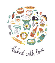 Bakery retro card with dots and floral elements. Vector cooking illustration with different cakes and stylish lettering - 'Bakery with love'.