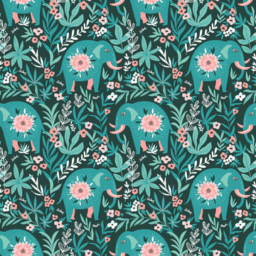 Vector seamless pattern with elephants in the jungle. Tropical background for fabric or wallpaper boho design.