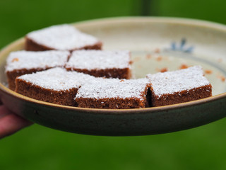 The chocolate cake with coconut flakes on the top.