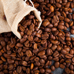 Coffee beans in a burlap bag, can be used as background