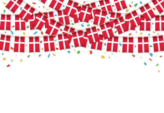 Naklejki Denmark flags garland white background with confetti, Hanging bunting for Denmark Independence Day celebration template banner, Vector illustration