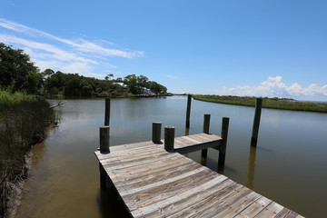 wood dock walkway in waterway