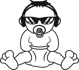 dj cool musik party sonnenbrille kopfhörer schnuller sitzend klein süß niedlich volle windel kind baby comic cartoon