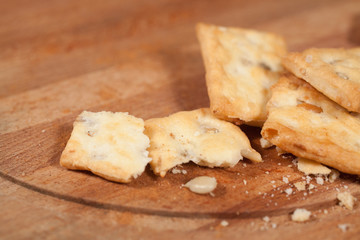 snacks are on a wooden tray as a snack